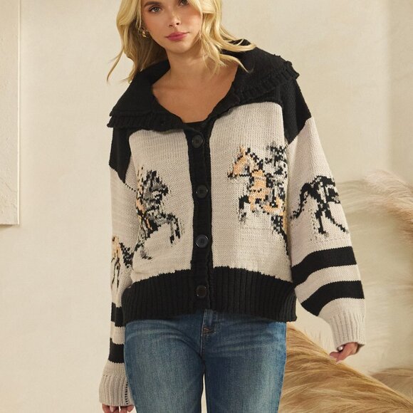 Veveret Cowboy and Horse Western Cardigan Sweater - Picture 2 of 7